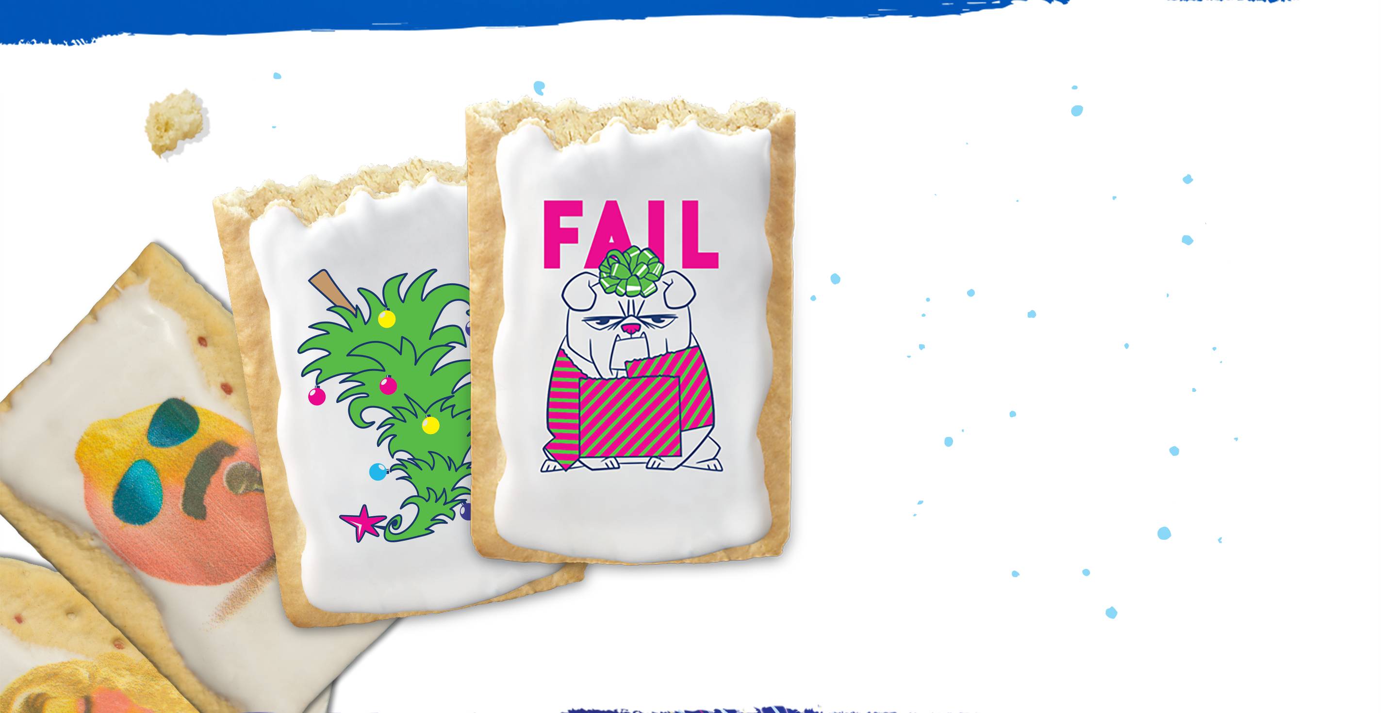 memes printed on Pop Tarts including a grumpy dog with the word fail, an upside-down christmas tree, and a lemon with sunglasses