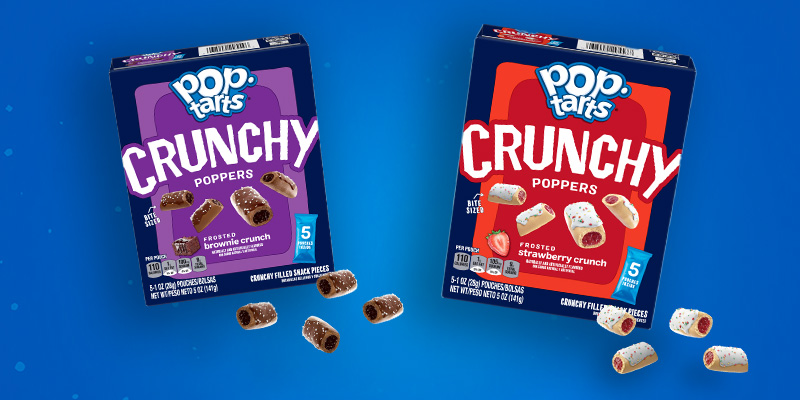 Two Pop-Tarts Crunchy Poppers boxes on a light blue background with Crunchy Poppers products scattered around.