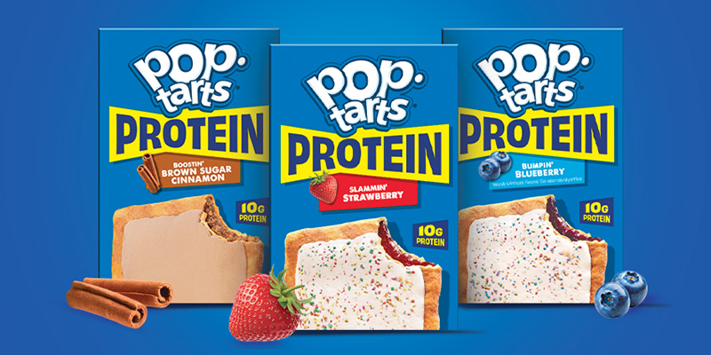 Three Pop-Tarts Protein boxes on a light blue background.