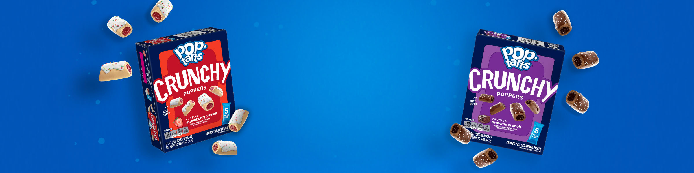 Pop-Tarts Crunchy Poppers frosted brownie crunch box and frosted strawberry crunch box with individual poppers around them